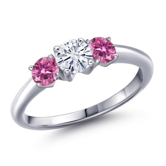 Gem Stone King 925 Sterling Silver White Moissanite and Pink Moissanite Engagement Ring for Women | 0.96 Cttw | Round 5MM | Gemstone Birthstone | Size 7