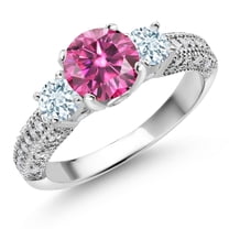 Gem Stone King 925 Sterling Silver Pink Moissanite Sky Blue Aquamarine and White Moissanite Engagement Ring for Women (1.78 Cttw, Gemstone, Round 7MM and 4MM, Size 6)