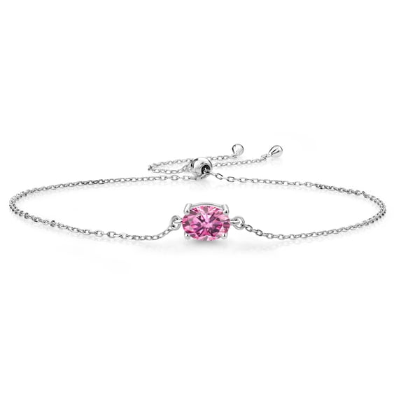 Gem Stone King 925 Sterling Silver Pink Moissanite Solitaire Bracelet for Women (1.38 Cttw, Oval 8X6MM, Gemstone Birthstone, Fully Adjustable up to 9 inch)