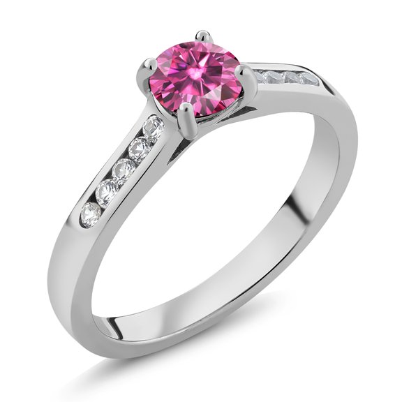 Gem Stone King 925 Sterling Silver Pink Moissanite and White Created Sapphire Engagement Ring for Women | 0.60 Cttw | Round 5MM | Gemstone Birthstone | Size 7