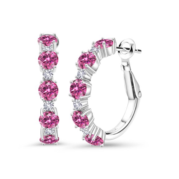 Gem Stone King 925 Sterling Silver Pink Moissanite and White Created Sapphire Hoop Earrings for Women (2.62 Cttw, Round 4MM and 1.9MM, Gemstone Birthstone 1 inch Diameter)