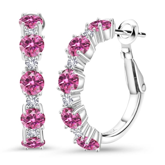 Gem Stone King 925 Sterling Silver Pink Moissanite and White Created Sapphire Hoop Earrings for Women (2.62 Cttw, Round 4MM and 1.9MM, Gemstone Birthstone 1 inch Diameter)