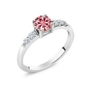 Gem Stone King 925 Sterling Silver Pink Moissanite and White Lab Grown Diamond Engagement Ring for Women (0.65 Cttw, Round 5MM, Gemstone Birthstone, Size 6)