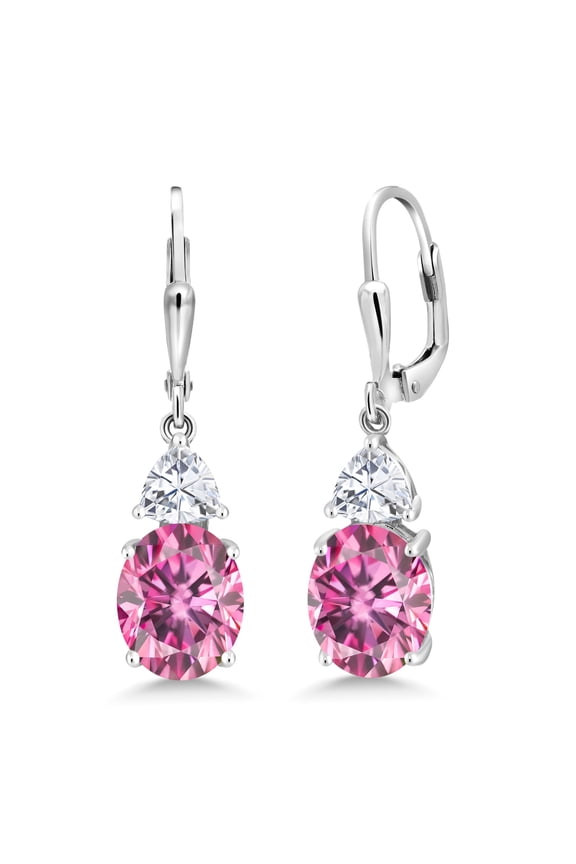 925 Sterling Silver Pink Moissanite and White Moissanite Dangle Earrings for Women (6.58 Cttw, Gemstone Birthstone, Oval 10X8MM, Trillion 5MM)