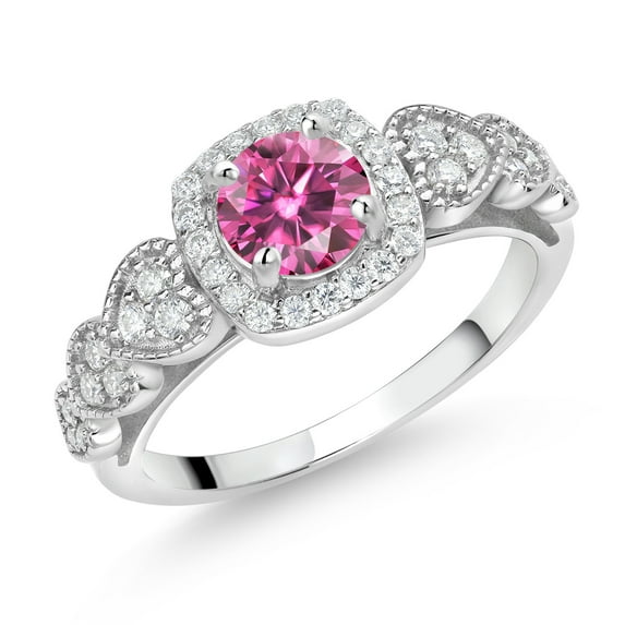 Gem Stone King 925 Sterling Silver Pink Moissanite and White Moissanite Engagement Ring for Women (1.18 Cttw, Round 6MM, Gemstone Birthstone, Size 8)
