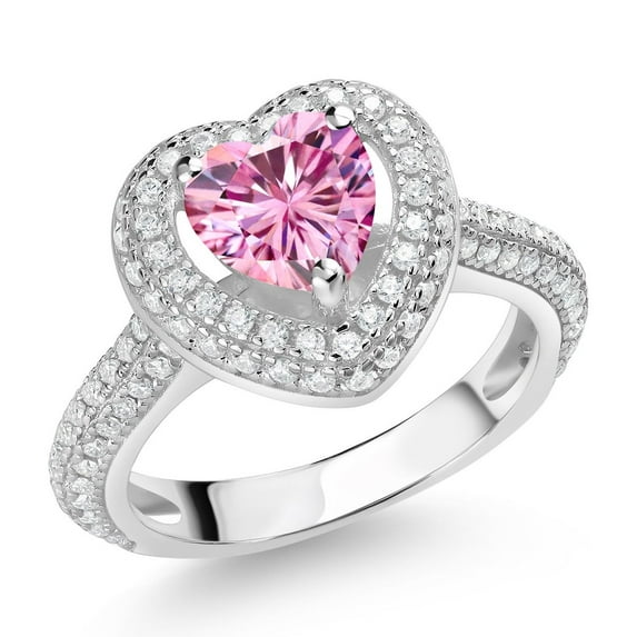 Gem Stone King 1.69 Cttw Pink and White Moissanite Heart Shape Engagement Ring for Women | 925 Sterling Silver | Heart Shape 6.5MM | Available in Size 5,6,7,8,9