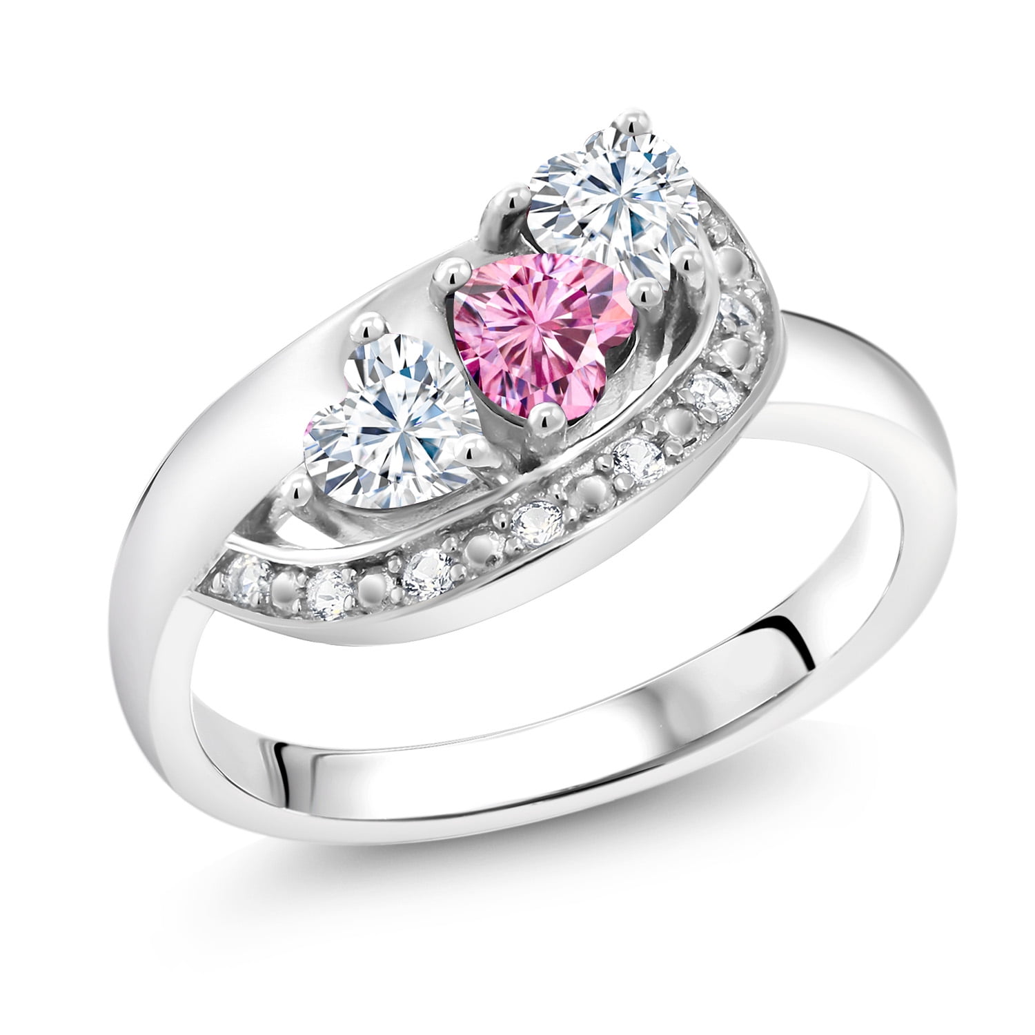Gem Stone King 925 Sterling Silver Pink Moissanite and White Moissanite and White Created Sapphire Engagement Ring for Women (0.77 Cttw, Gemstone , Heart Shape 4MM, Size 5)