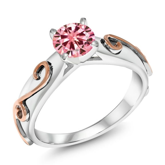 Gem Stone King 925 Sterling Silver Pink Moissanite Women Engagement Ring for Women (1.00 Cttw, Gemstone Birthstone, Round 6.5MM, Size 8)