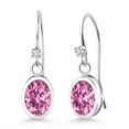 thumbnail image 1 of Gem Stone King 925 Sterling Silver Pink Moissanite and White Diamond French Wire Earrings for Women (1.82 Cttw, Gemstone, Oval 7X5MM, Round 1.25MM), 1 of 4