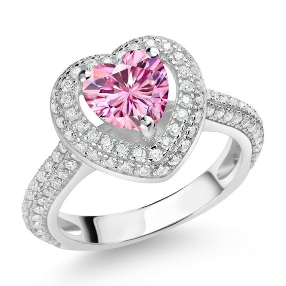 Gem Stone King 925 Sterling Silver Pink Moissanite and White Moissanite Heart Shape Ring for Women (1.42 Cttw, Available in Size 5, 6, 7, 8, 9)