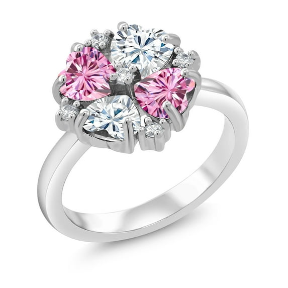 Gem Stone King 925 Sterling Silver Pink Moissanite and White Moissanite Ring for Women (1.92 Cttw, Heart Shape 5MM, Gemstone Birthstone, Size 9)