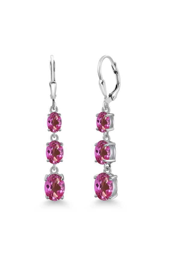 925 Sterling Silver Pink Mystic Topaz 3 Stone Dangle Earrings for Women (5.20 Cttw, Gemstone Birthstone, Oval 8X6MM, 7X5MM and 6X4MM)