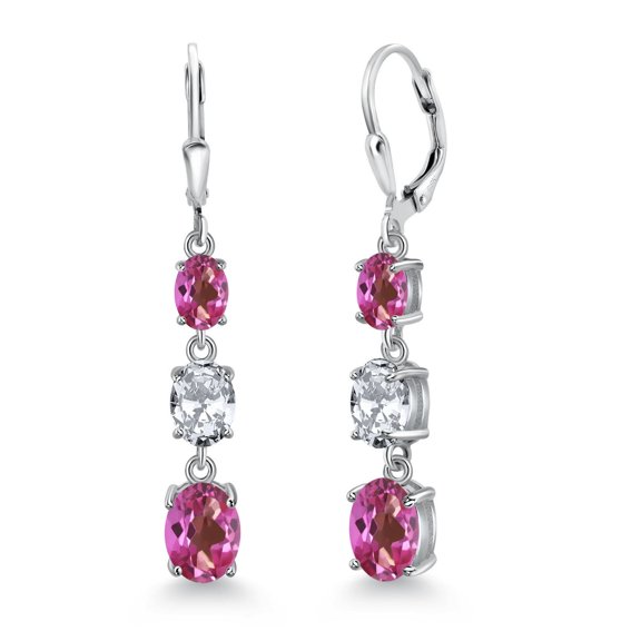 Gem Stone King 925 Sterling Silver Pink Mystic Topaz 3 Stone Dangle Earrings for Women (6.60 Cttw, Gemstone Birthstone, Oval 8X6MM, 7X5MM and 6X4MM)
