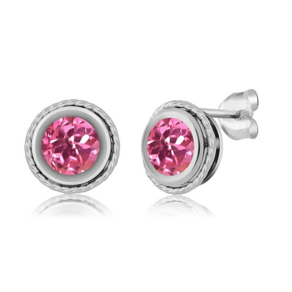 Gem Stone King 925 Sterling Silver Pink Mystic Topaz Bezel Stud Earrings for Women Men (2.00 Ct Round 6MM)