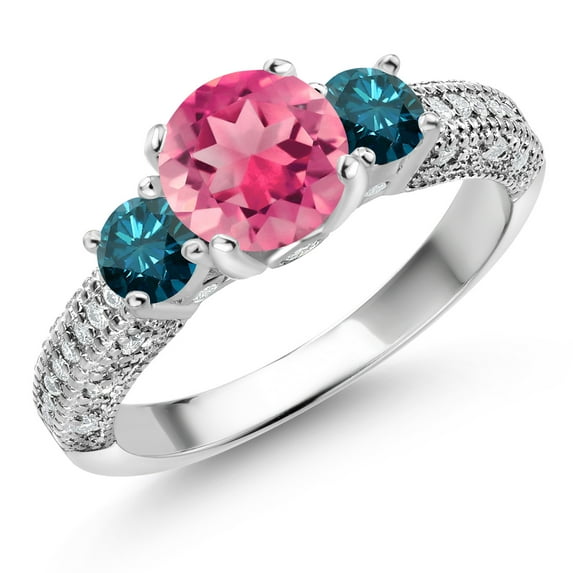 Gem Stone King 925 Sterling Silver Pink Mystic Topaz Blue Diamond and White Moissanite Engagement Ring for Women (2.27 Cttw, Gemstone, Round 7MM and 4MM, Size 8)