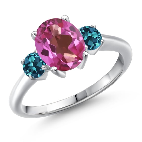 Gem Stone King 925 Sterling Silver Pink Mystic Topaz and London Blue Topaz Engagement Ring for Women | 2.86 Cttw | Oval 9X7MM | Gemstone November Birthstone | Size 8