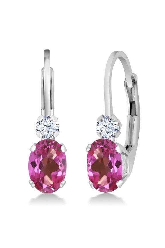 925 Sterling Silver Pink Mystic Topaz and White Created Sapphire Leverback Earrings for Women (1.08 Cttw, Gemstone Birthstone, Oval 6X4MM, Round 2MM, 3/4 inch)