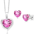 thumbnail image 1 of Gem Stone King 925 Sterling Silver Pink Mystic Topaz and White Diamond Pendant Necklace Earrings Set for Women (4.32 Cttw, Heart Shape 8MM and 6MM, with 18 inch Chain), 1 of 3
