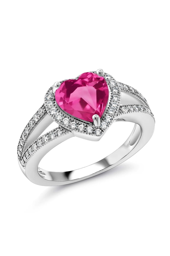 925 Sterling Silver Pink Mystic Topaz and White Moissanite Ring for Women (3.11 Cttw, Gemstone Birthstone, Heart Shape 8MM, Available in Size 5,6,7,8,9)