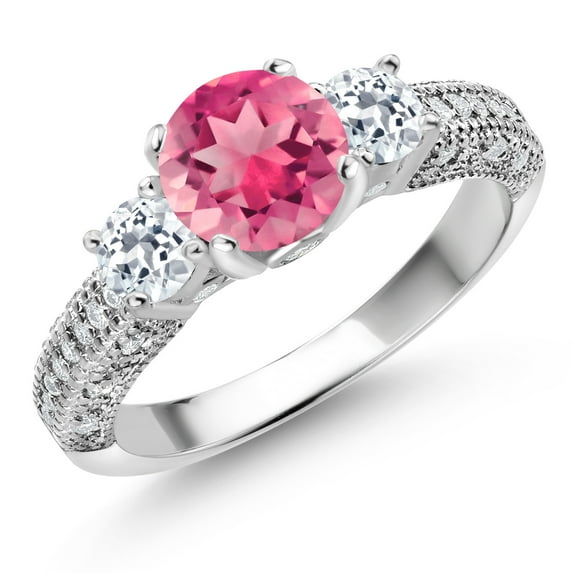 Gem Stone King 925 Sterling Silver Pink Mystic Topaz White Topaz and White Moissanite Engagement Ring for Women (2.39 Cttw, Gemstone, Round 7MM and 4MM, Size 7)
