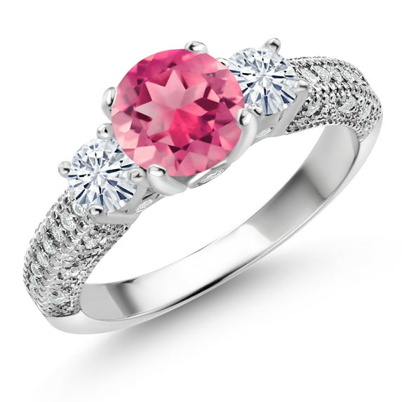 Gem Stone King 925 Sterling Silver Pink Mystic Topaz and White Moissanite Engagement Ring for Women (2.19 Cttw, Gemstone, Round 7MM and 4MM, Size 9)