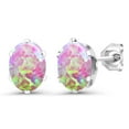 thumbnail image 1 of Gem Stone King 925 Sterling Silver Pink Opal 6-Prongs Stud Earrings for Women Men (2.10 Cttw, Gemstone October Birthstone, Oval Cabochon 8X6MM), 1 of 4