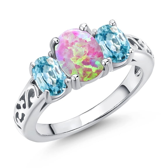 Gem Stone King 925 Sterling Silver Pink Opal and Blue Zircon Filigree Style 3 Stone Ring for Women (2.35 Cttw, Oval 8X6MM and 6X4MM) (Size 7)