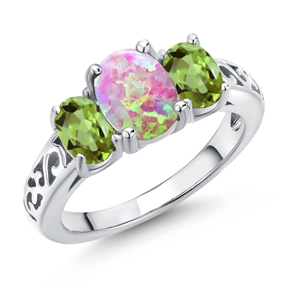 2.05 Cttw Pink Opal and Green Peridot Filigree Style 3-Stone Ring for Women | 925 Sterling Silver | Oval 8X6MM and 6X4MM | Wedding Engagement Anniversary Promise Ring for Women | Size 8