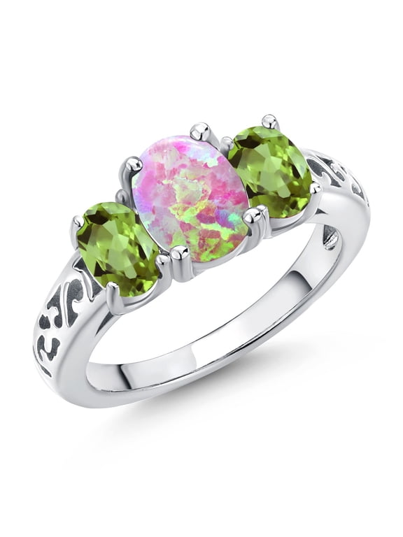 2.05 Cttw Pink Opal and Green Peridot Filigree Style 3-Stone Ring for Women | 925 Sterling Silver | Oval 8X6MM and 6X4MM | Wedding Engagement Anniversary Promise Ring for Women | Size 8