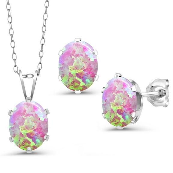 Gem Stone King 925 Sterling Silver Pink Opal Pendant Earrings Set for Women (3.15 Cttw, Gemstone October Birthstone, Oval Cabochon 8X6MM, With 18 inch Chain)
