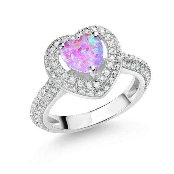 Gem Stone King 925 Sterling Silver Pink Opal and White Moissanite Heart Shape Ring for Women (1.37 Cttw, Size 9)