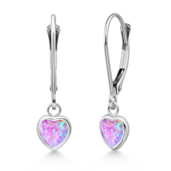 Gem Stone King 925 Sterling Silver Pink Simulated Opal Drop Dangle Leverback Earrings for Women (1.50 Cttw, Gemstone October Birthstone, Heart Shape 6MM)