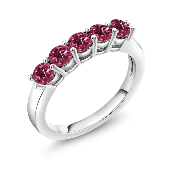 Gem Stone King 925 Sterling Silver Pink Tourmaline 5-Stone Wedding Anniversary Band Ring for Women (0.75 Cttw, Gemstone October Birthstone, Available in Size 5, 6, 7, 8, 9)