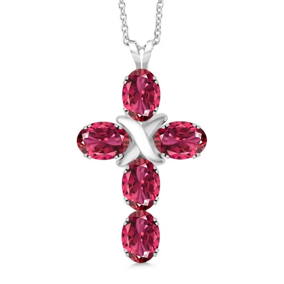 Gem Stone King 925 Sterling Silver Pink Tourmaline Cross Pendant Necklace for Women (2.50 Cttw, Gemstone October Birthstone, Oval 6X4MM, With 18 inch Silver Chain)