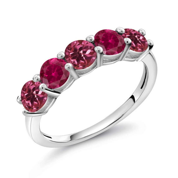 Gem Stone King 925 Sterling Silver Pink Tourmaline and Red Created Ruby Wedding Band Ring for Women (0.95 Cttw, Round 3.5MM, Gemstone October Birthstone, Size 6)