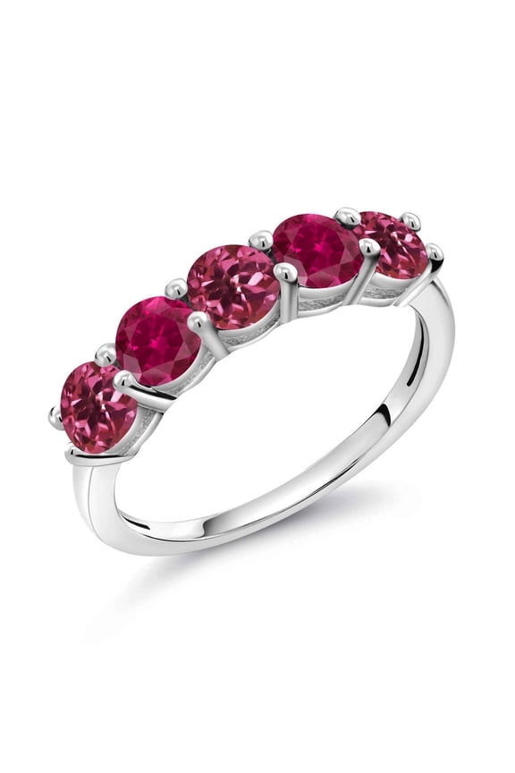 925 Sterling Silver Pink Tourmaline and Red Created Ruby Wedding Band Ring for Women (0.95 Cttw, Round 3.5MM, Gemstone October Birthstone, Size 7)