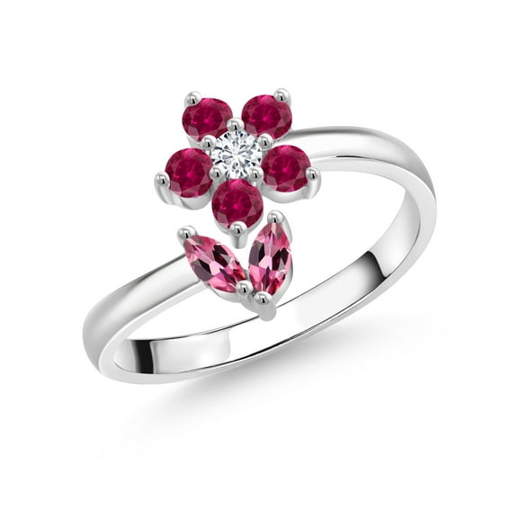 Gem Stone King 925 Sterling Silver Pink Tourmaline Red Created Ruby and White Lab Grown Diamond Flower Open Ring for Women (0.51 Cttw, Gemstone October Birthstone, Size 7)