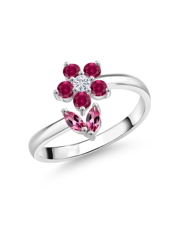 925 Sterling Silver Pink Tourmaline Red Created Ruby and White Moissanite Flower Open Ring for Women (0.51 Cttw, Gemstone October Birthstone, Size 7)
