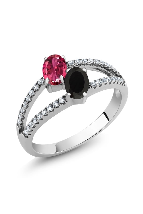 925 Sterling Silver Pink Tourmaline and Black Onyx Two Stone Women Ring (1.30 Ct Oval, Size 6)