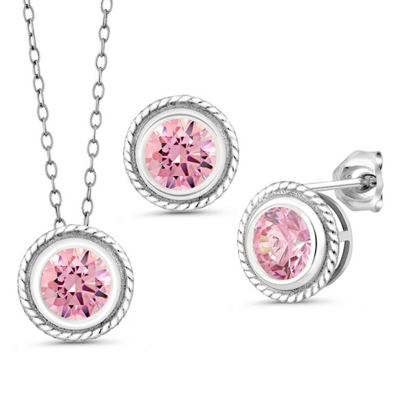 Gem Stone King 925 Sterling Silver Pink Zirconia Pendant Earrings Set for Women (4.50 Cttw, Gemstone Birthstone, Round 6MM, With 18 inch Chain)