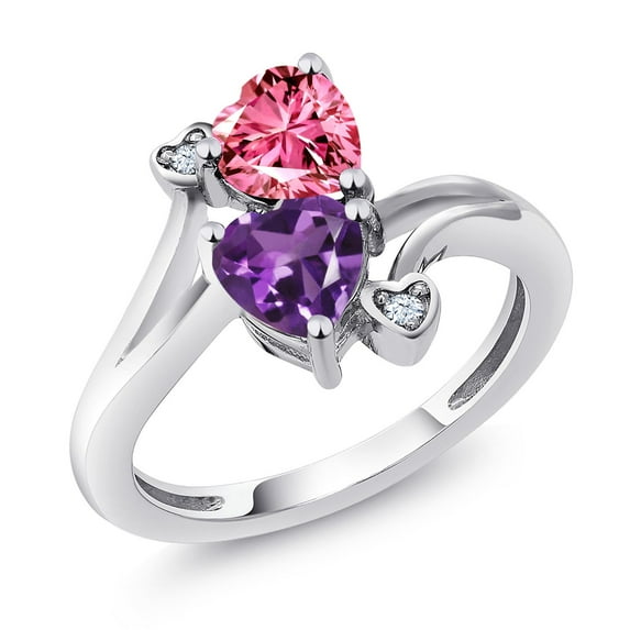 Gem Stone King 925 Sterling Silver Pink Zirconia Purple Amethyst Ring for Women (1.57 Cttw, Heart Shape 6MM, Gemstone Birthstone, Size 7)