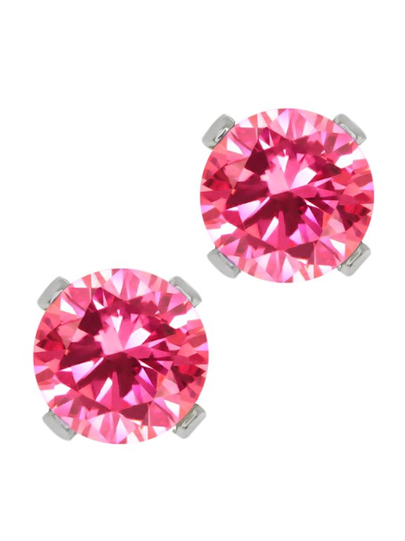 925 Sterling Silver Pink Zirconia Stud Earrings for Women Men (1.70 Cttw, Round 6MM)