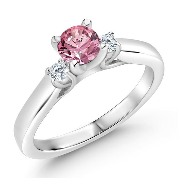 Gem Stone King 925 Sterling Silver Pink and White Lab Grown Diamond 3-Stone Engagement Ring for Women (0.63 Cttw, Gemstone April Birthstone, Size 5)