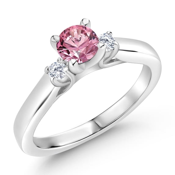 Gem Stone King 925 Sterling Silver Pink and White Lab Grown Diamond 3-Stone Engagement Ring for Women (0.63 Cttw, Gemstone April Birthstone, Size 6)