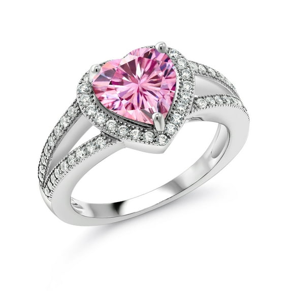 Gem Stone King 925 Sterling Silver Pink and White Moissanite Heart Shape Ring for Women | 1.48 Cttw | Heart 6.5MM (Size 8)