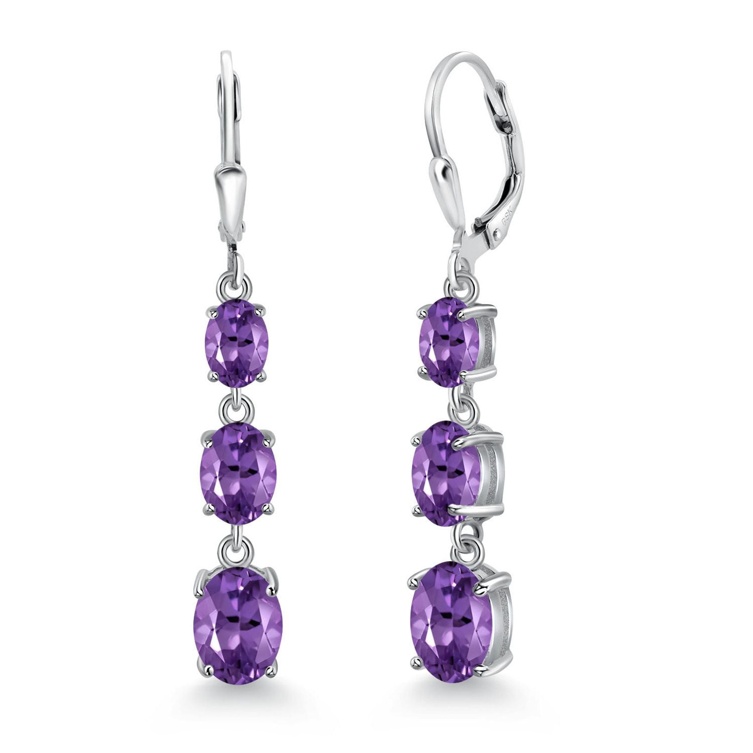 Gem Stone King 925 Sterling Silver Purple Amethyst 3 Stone Dangle Earrings for Women (4.70 Cttw, Gemstone February Birthstone, Oval 8X6MM, 7X5MM and 6X4MM)