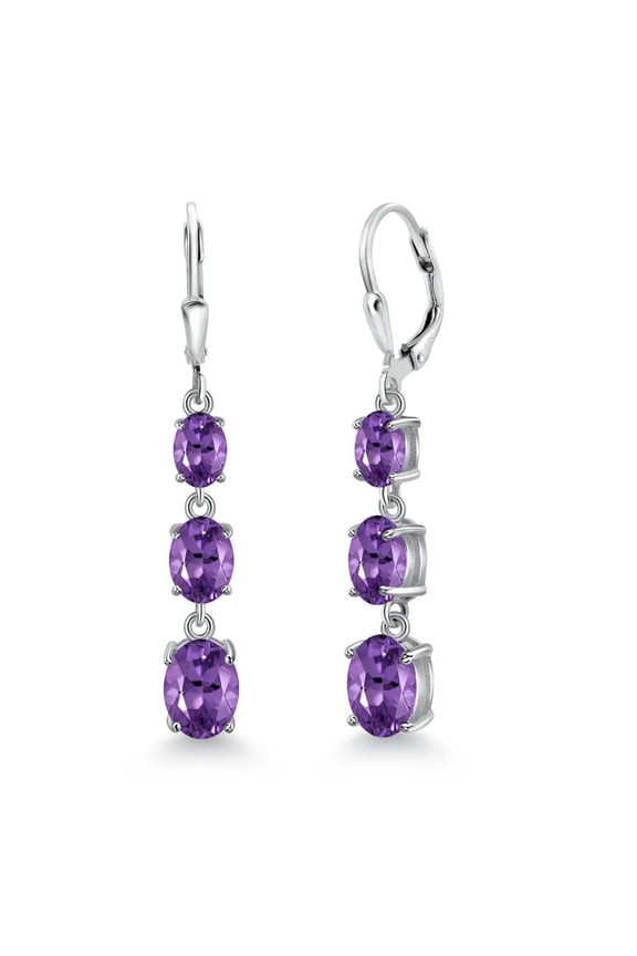 925 Sterling Silver Purple Amethyst 3 Stone Dangle Earrings for Women (4.70 Cttw, Gemstone February Birthstone, Oval 8X6MM, 7X5MM and 6X4MM)