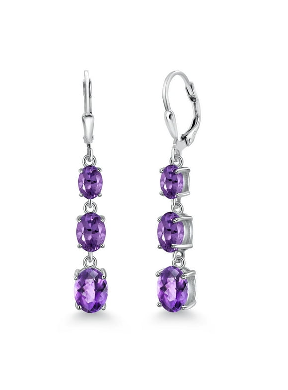 925 Sterling Silver Purple Amethyst 3 Stone Dangle Earrings for Women (4.80 Cttw, Gemstone February Birthstone, Oval Checkerboard 8X6MM, 7X5MM and 6X4MM)