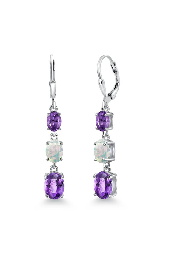 925 Sterling Silver Purple Amethyst 3 Stone Dangle Earrings for Women (5.30 Cttw, Gemstone February Birthstone, Oval Checkerboard 8X6MM, 7X5MM and 6X4MM)