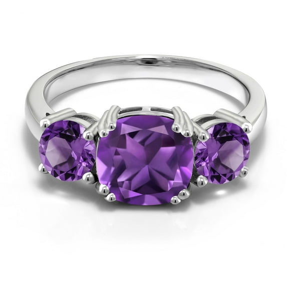 Gem Stone King 3.00 Cttw Purple Amethyst 3-Stone Engagement Ring for Women | 925 Sterling Silver | Gemstone February Birthstone | Cushion 8MM (Size 9)